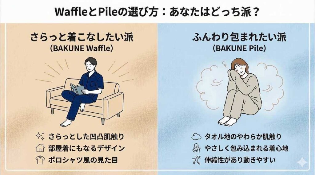 【肌ざわりの違い】BAKUNEパジャマ WaffleとPileどっちが合う？