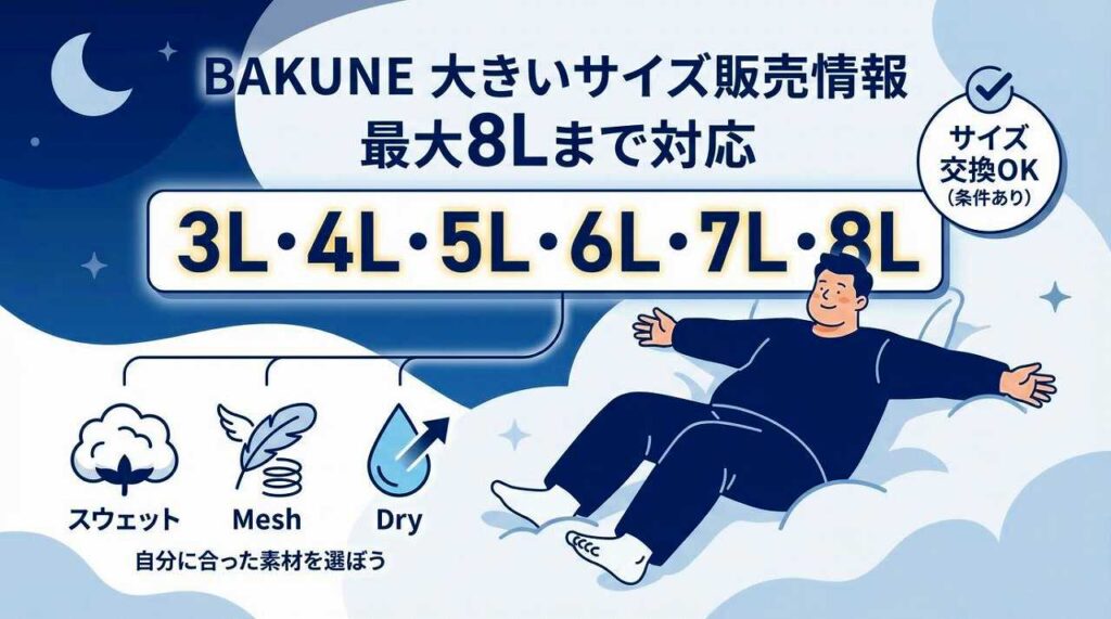 大きいサイズ（3l,4l,5l,6l,7l,8l）　BAKUNEパジャマ リカバリーウェア　購入ガイド